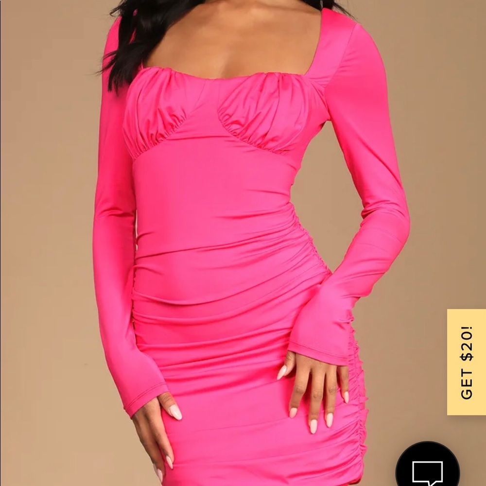 NWT Lulus Hot Pink Ruched Long Sleeve Bodycon Dress Size XL